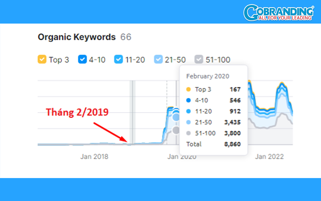 Chỉ số tăng trưởng Organic Keywords của website từ 2/2019 đến 2/2020.
