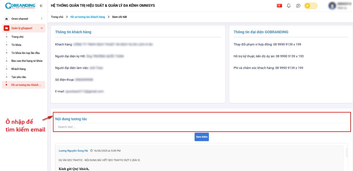 Tìm kiếm nội dung email trong khung "Search text...