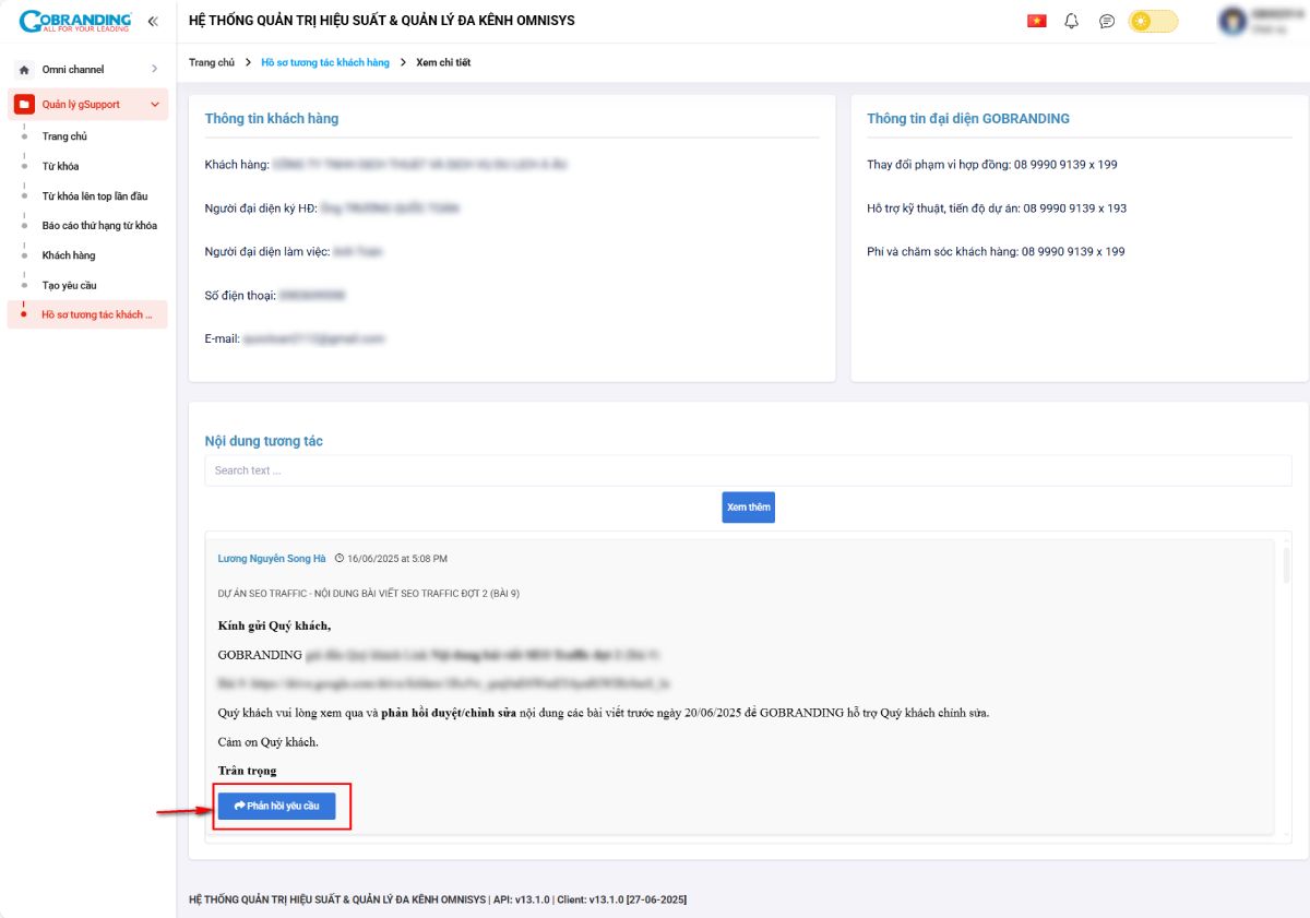 Nhấn nút “Phản hồi yêu cầu” ở mỗi email để trả lời trực tiếp