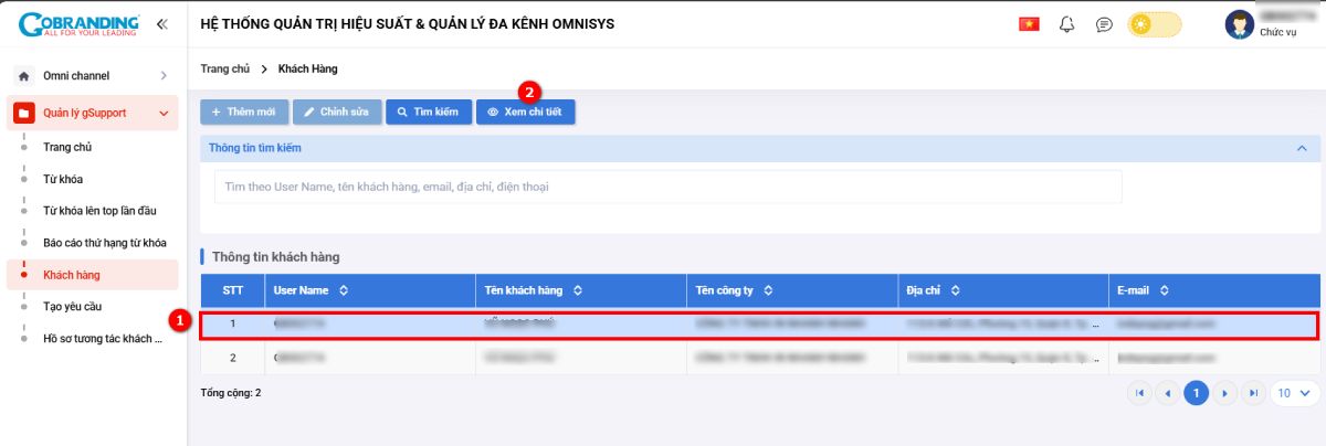 Nhấn chọn một dòng dữ liệu và nhấn nút Xem chi tiết để truy cập thông tin cụ thể của khách hàn
