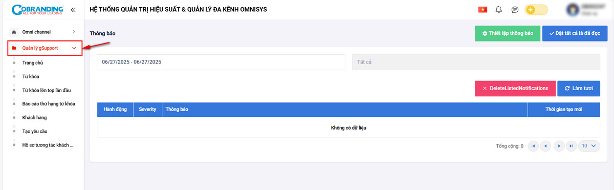 Sau khi đăng nhập thành công, chọn Quản lý gSupport để hiển thị các chức năng trong  phân hệ