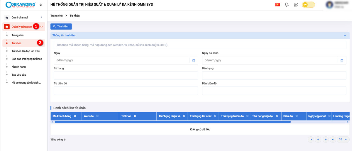 Từ danh sách menu bên trái, chọn: Quản lý gSupport -> Từ khóa