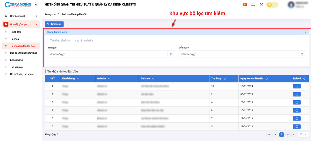 Khu vực bộ lọc tìm kiếm, cho phép người dùng